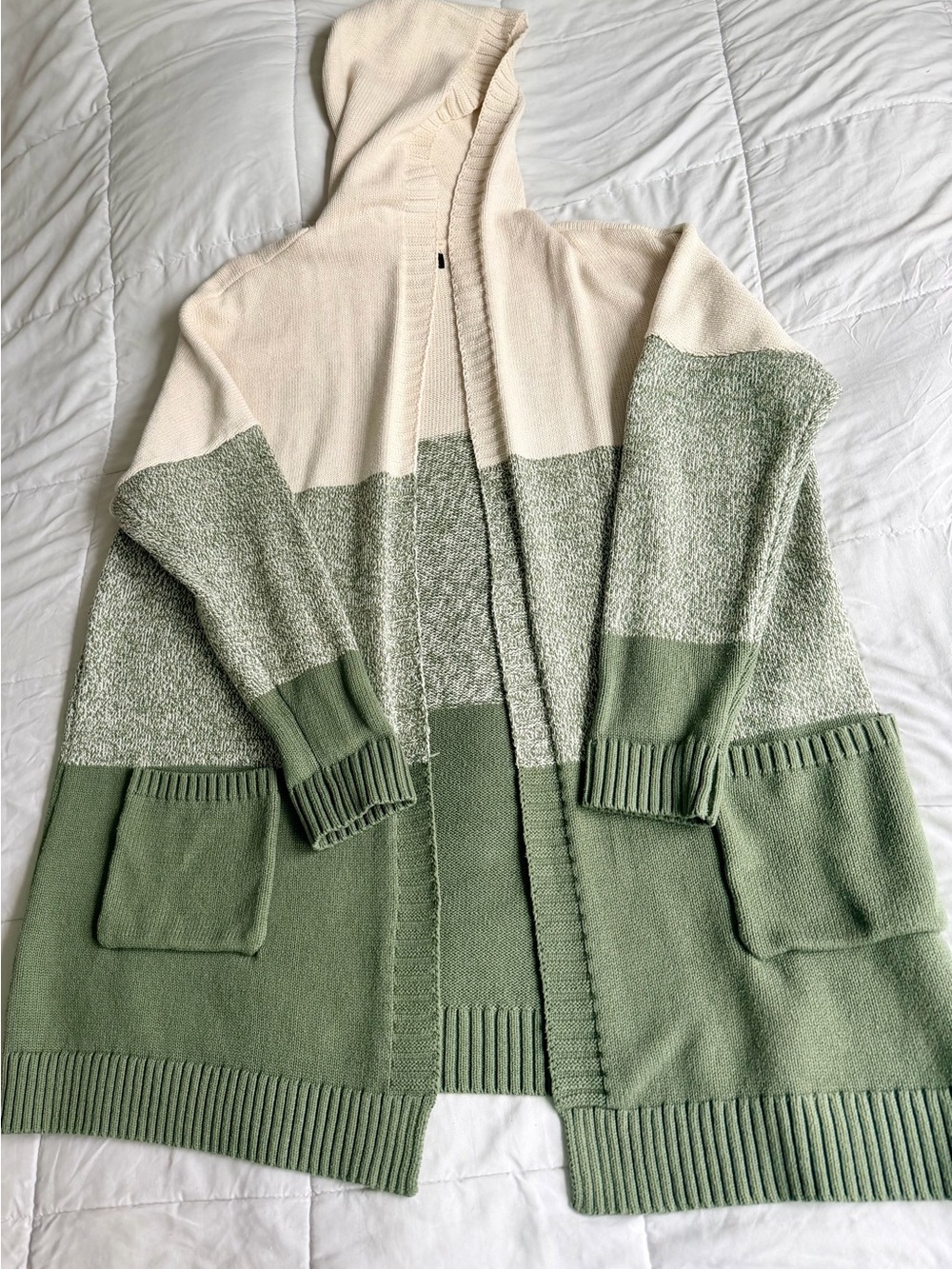 Tahari Cream and Sage Green Hooded Open Cardigan
